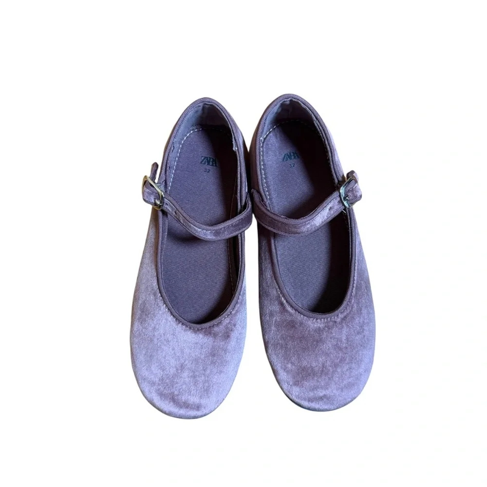 ZARA Girls Purple Velvet Mary Jane Flats Buckle Dress Shoes EU 32 US 1–2